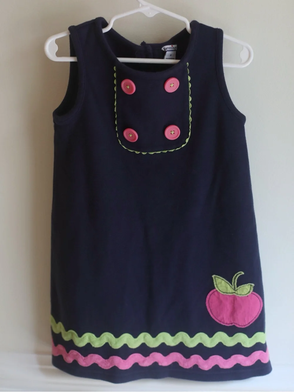 Hartstrings Apple Appliqué Jumper Dress | Girls Size 5 | Navy Pink & Green